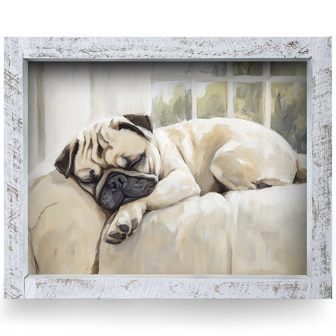 Sleeping Pug Puppy Curled Up on Cushion Animal Wall Art Decor