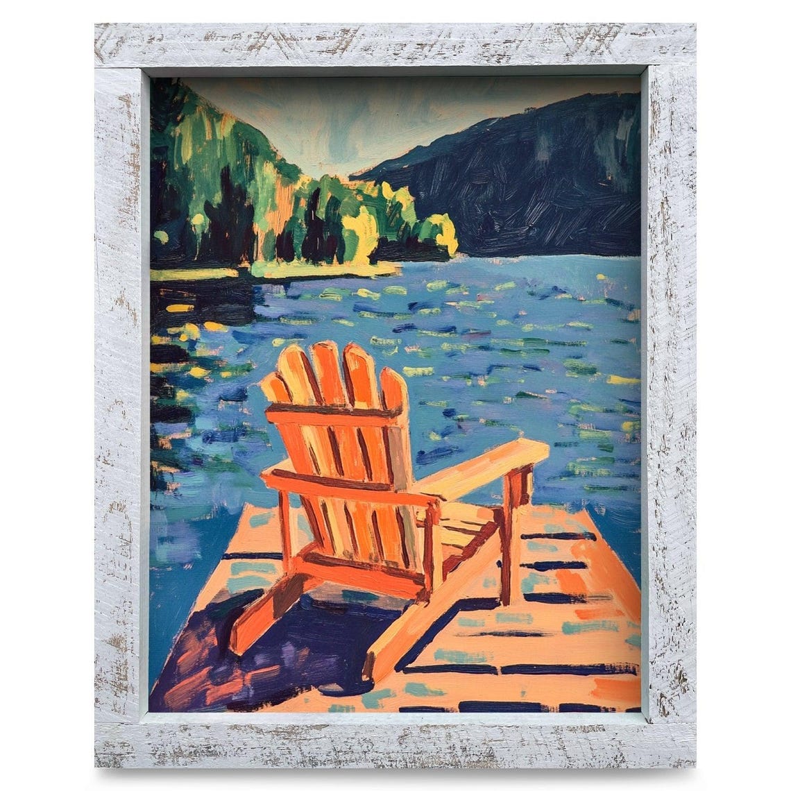 Calm Lake Adirondack Chair Real Wood Framed Wall Art Print