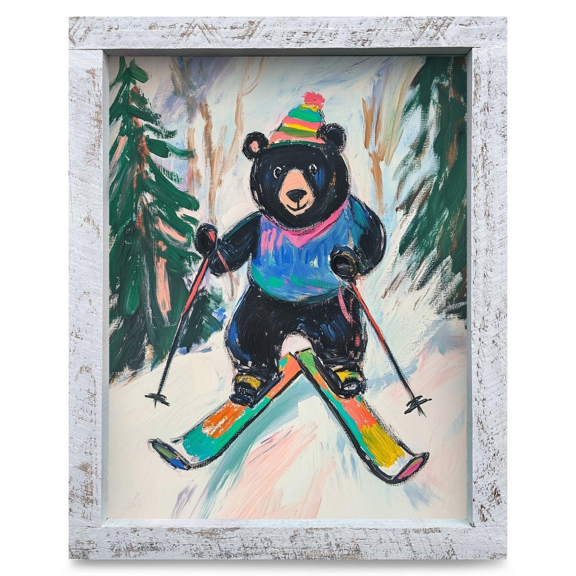 Playful Black Bear Skiing Downhill Through Snowy Pines Poster