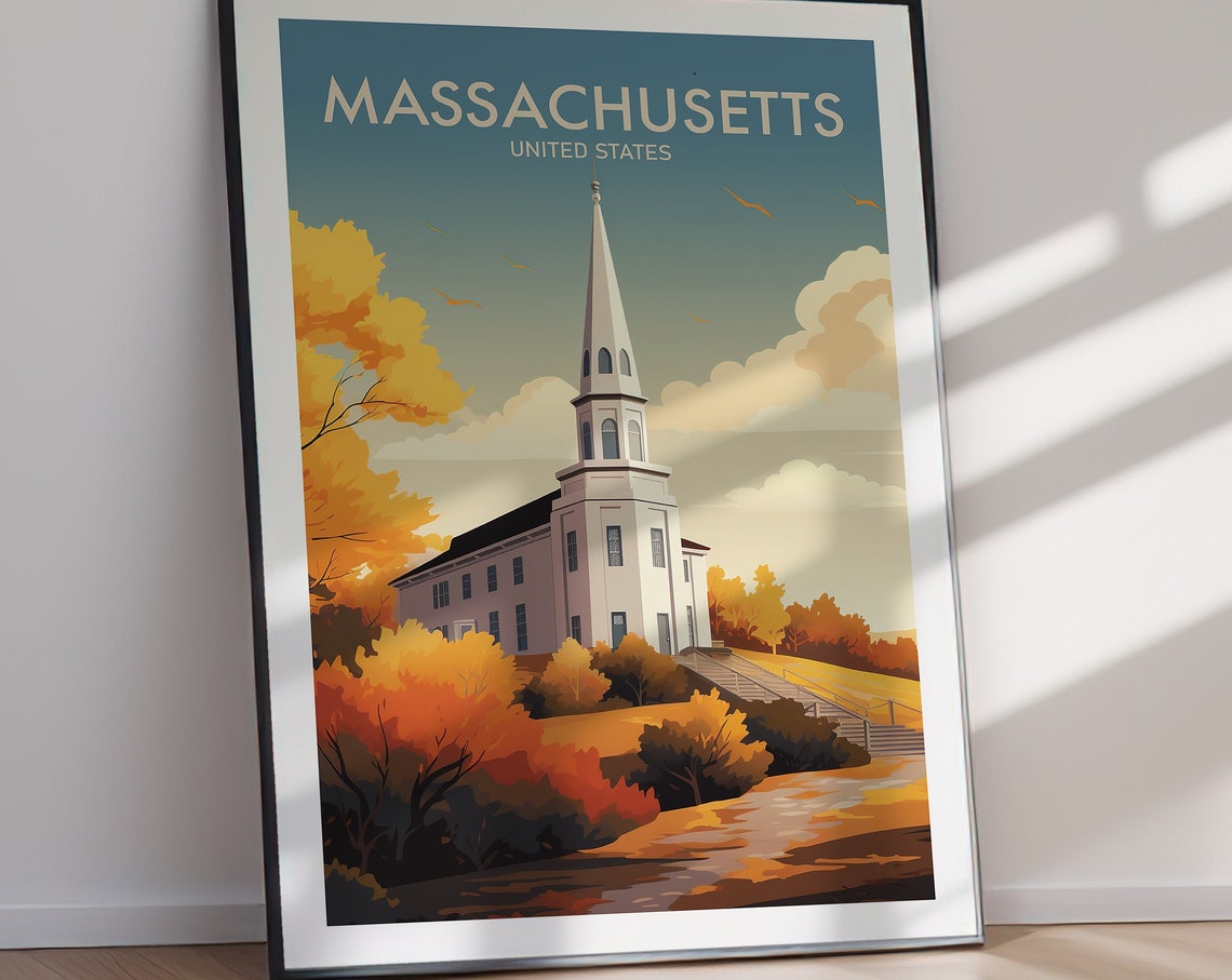 Massachusetts Fall Autumn Church Steeple Retro Travel Poster - Image 2
