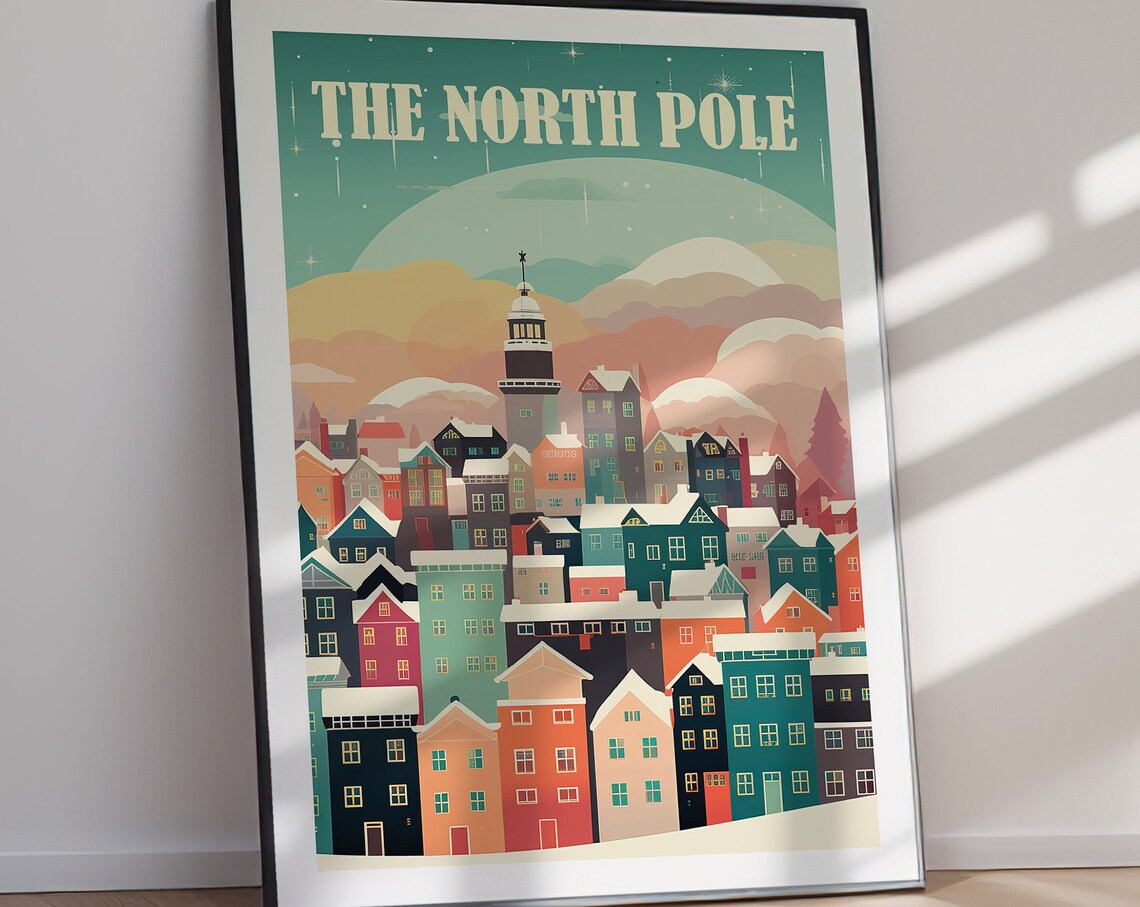 The North Pole Snowy Christmas Village Night Scene Vintage Travel Poster - Image 2