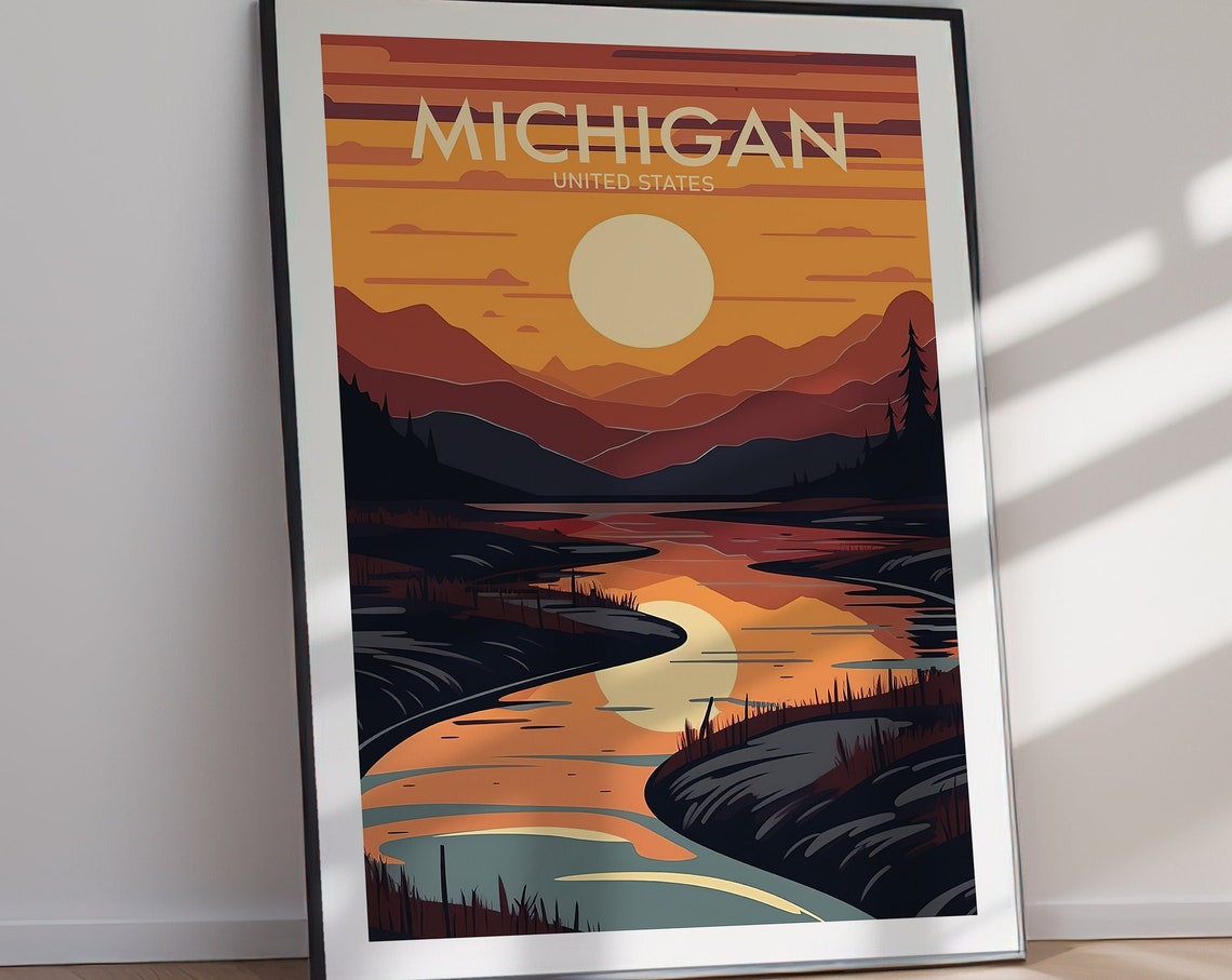 Michigan Golden Sunset River Valley Retro Vintage Travel Poster - Image 2