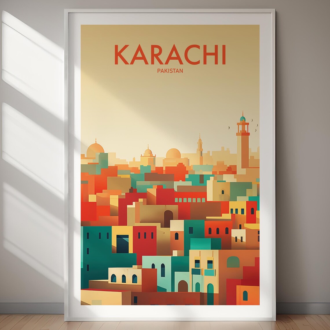 Karachi Pakistan Old City Skyline Mosque Minarets Travel Poster