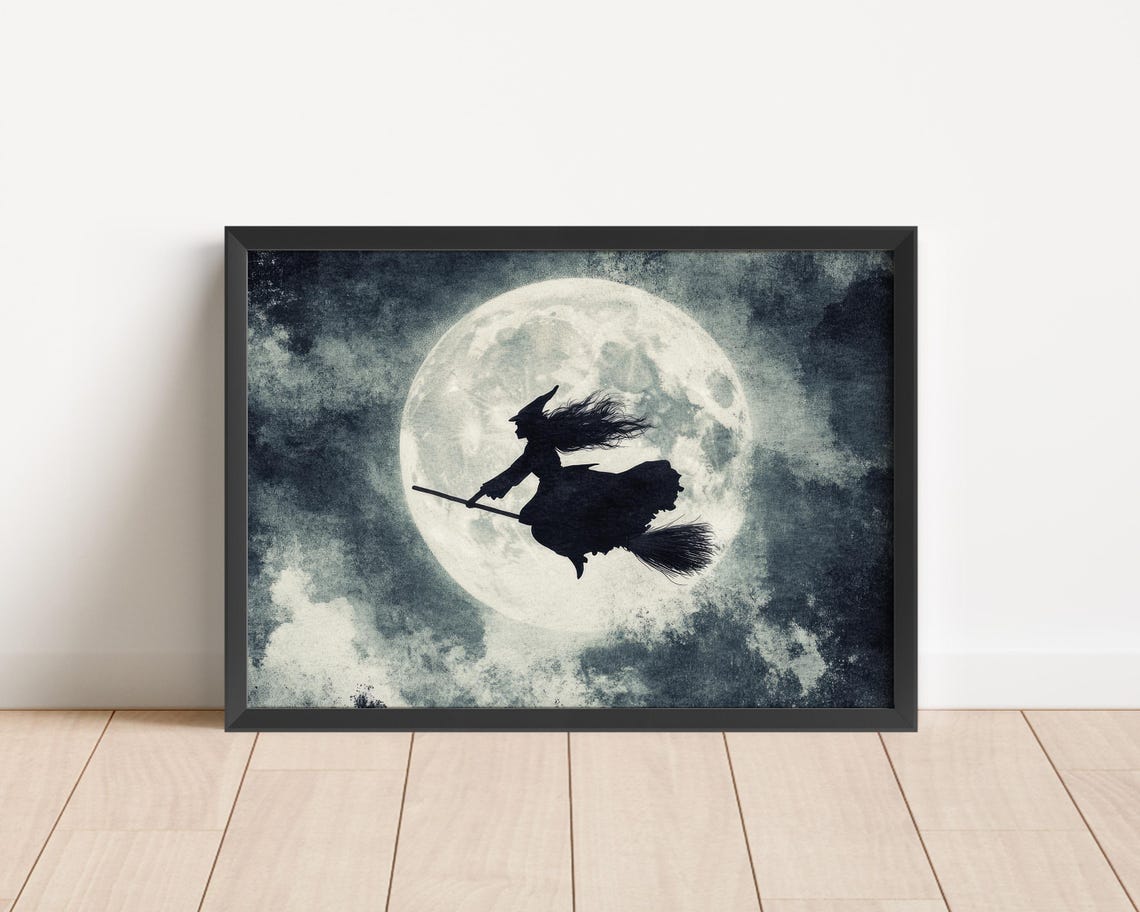 Witch Silhouette On Broomstick Flying Across Full Moon Poster
