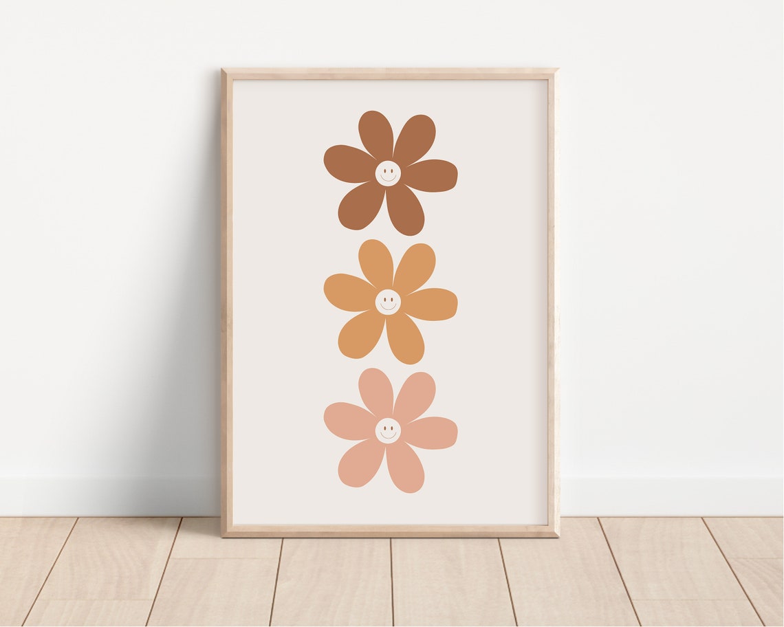Smiling Daisy Flowers Poster Retro Earth Tones Boho Nursery Room Decor - Image 3