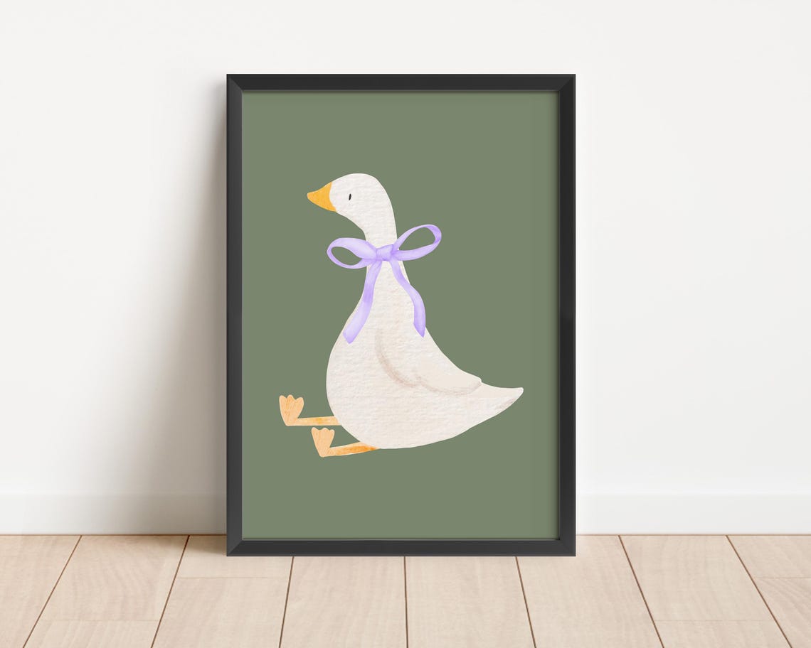 Cute Goose Lavender Bow Sage Green Nursery Animal Wall Poster - Image 3