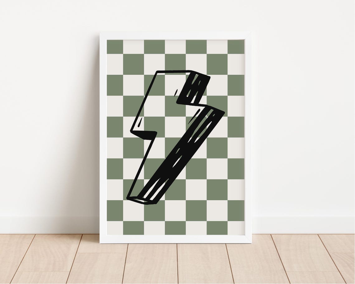 Lightning Bolt Sage Green Checkerboard Cool Kids Room Poster - Image 4