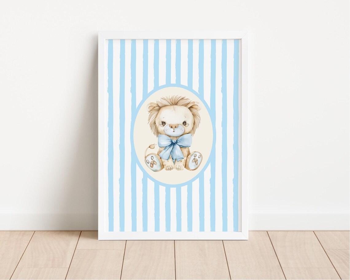 A Sweet Baby Lion Blue Striped Safari Nursery Watercolor Poster - Image 3
