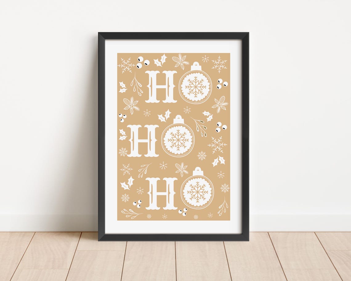 Ho Ho Ho Christmas Typography Ornaments Snowflakes Tan Poster - Image 3