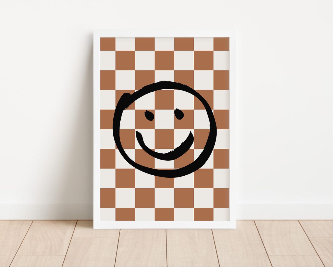 Smiley Face Brown Checkerboard Neutral Retro Happy Room Poster
