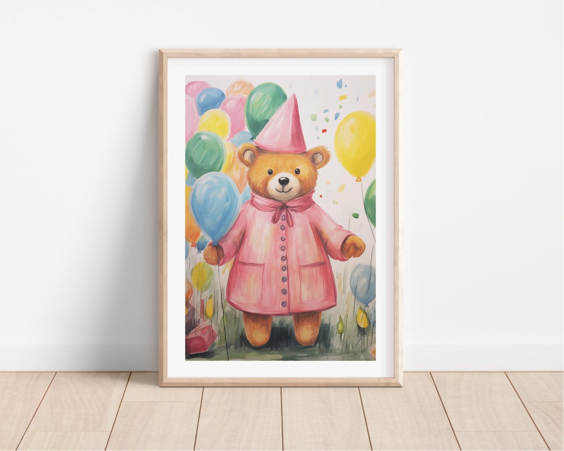 Teddy Bear Balloon Party Watercolor Poster Kids Birthday Nursery Decor - Image 3