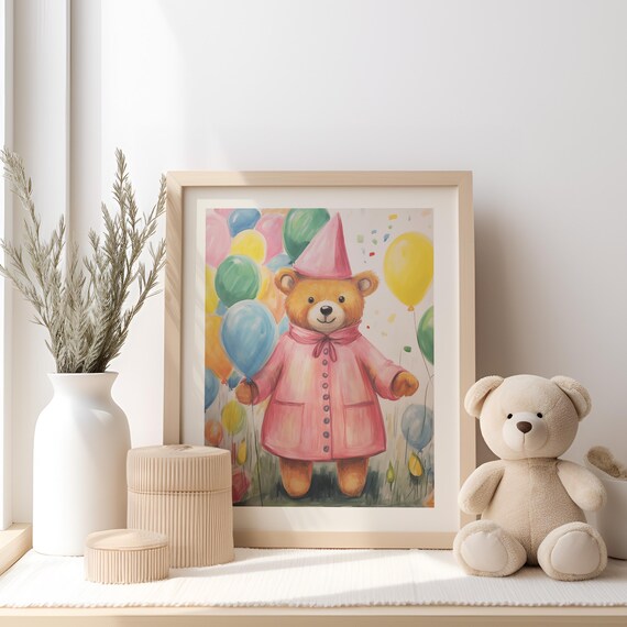 Balloon Bear Cute Kids Wall Art Animal Art Print Baby Room Decor Nursery Room Wall Decor Playroom Wall Decor Neutral Wall Art