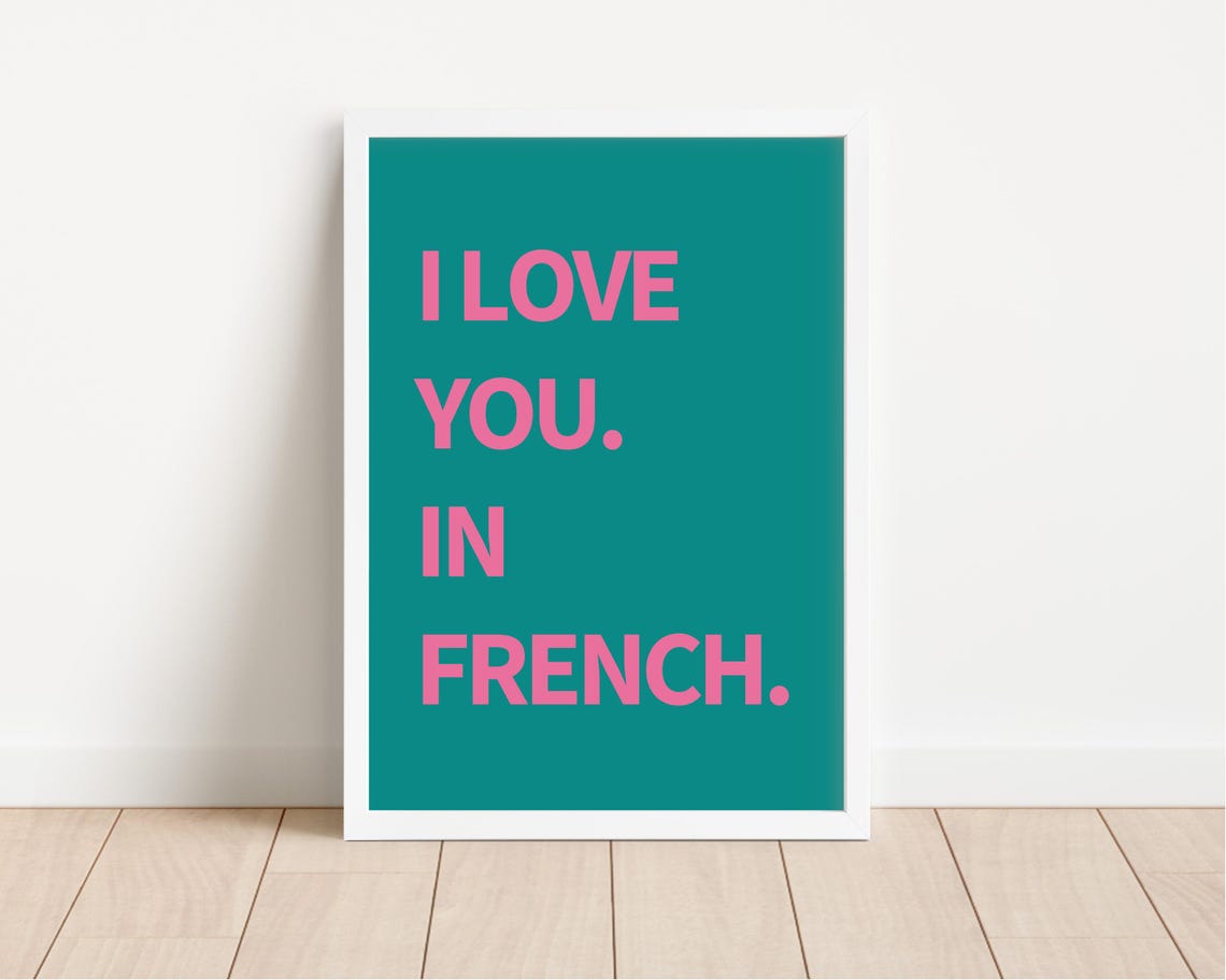 I Love You In French Bold Pink Teal Romantic Typography Poster - Image 2