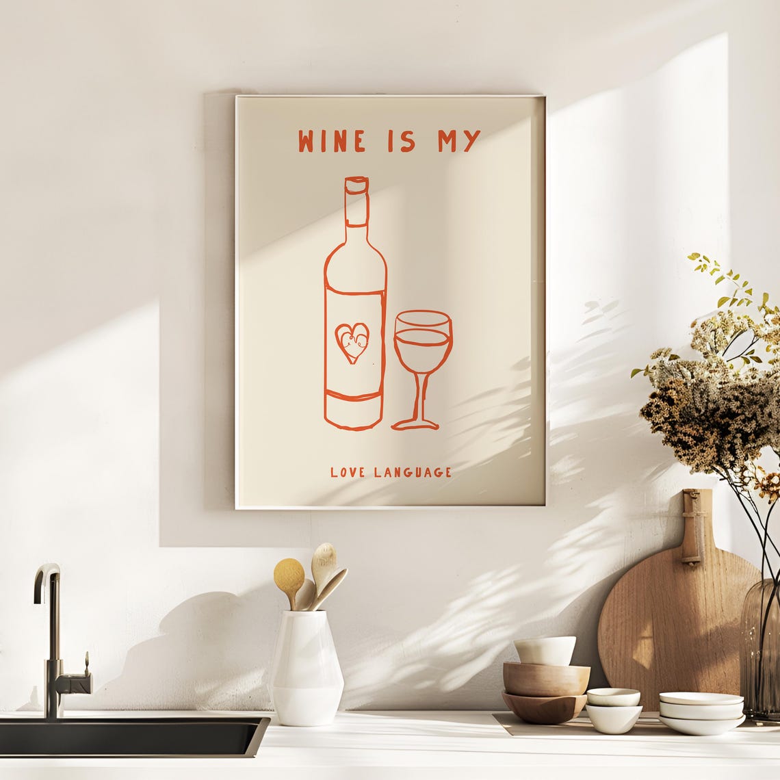 Red Wine Is My Love Language Doodle Bottle Glass Kitchen Poster
