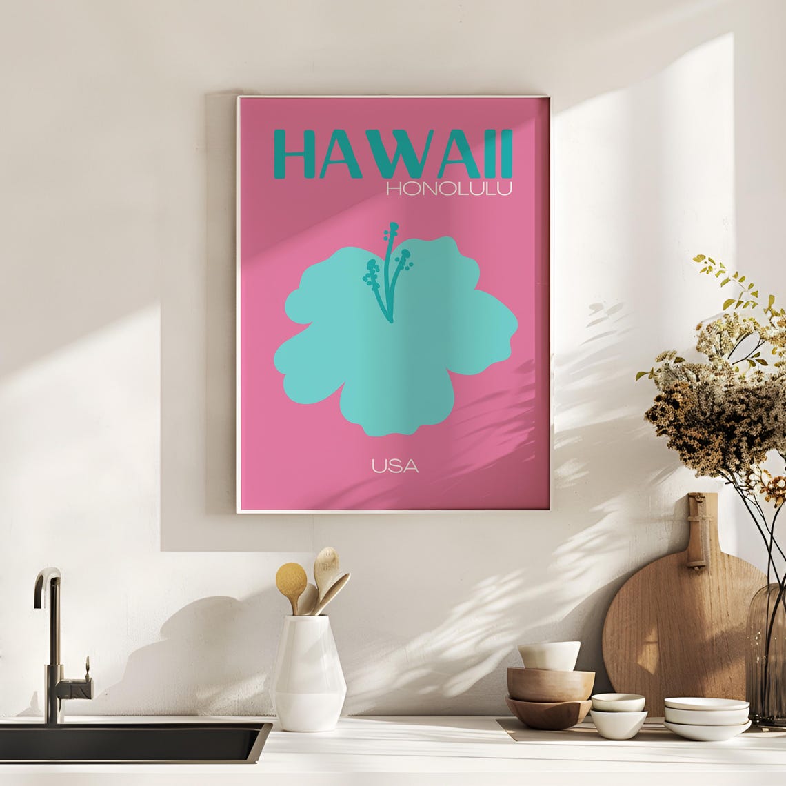 Bold Hawaii Honolulu Pink Teal Hibiscus Flower Travel Poster - Image 4