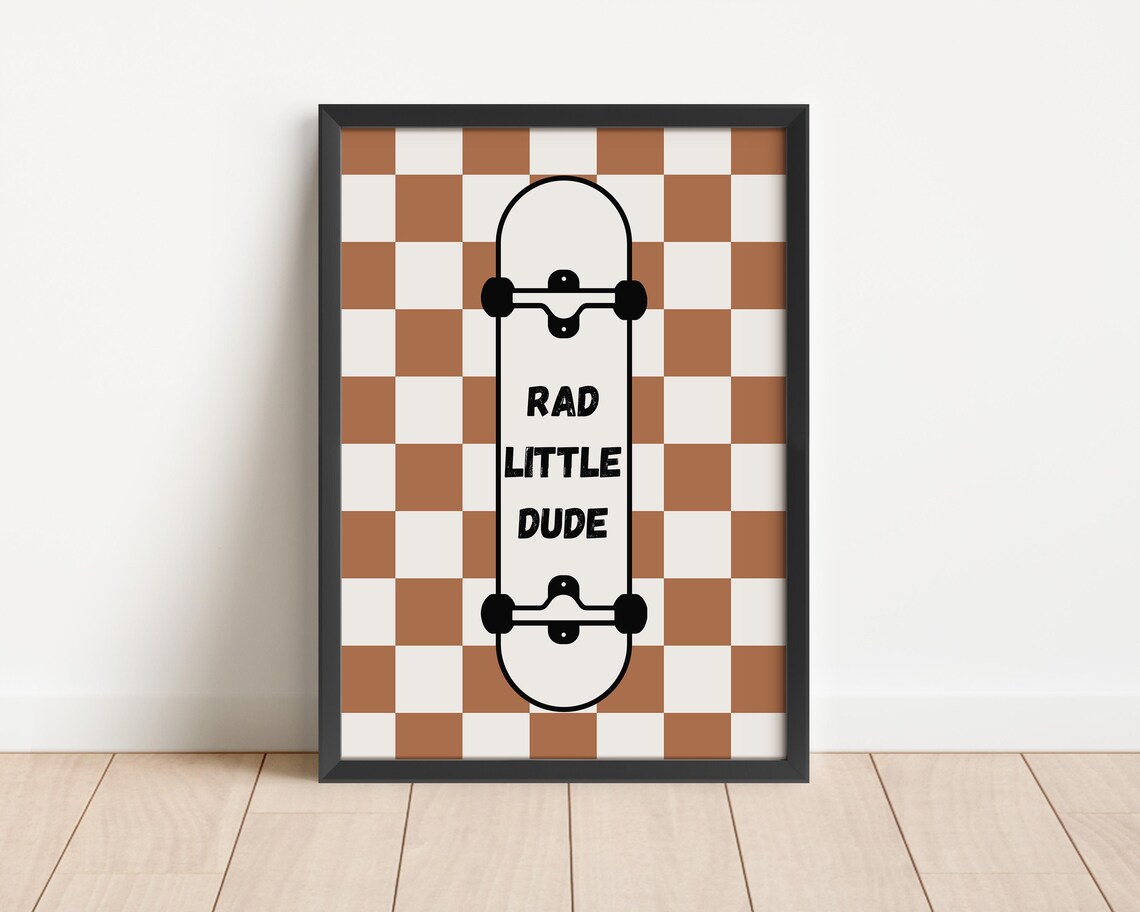 Rad Little Dude Skateboard Brown Checkered Kids Room Art Poster - Image 3