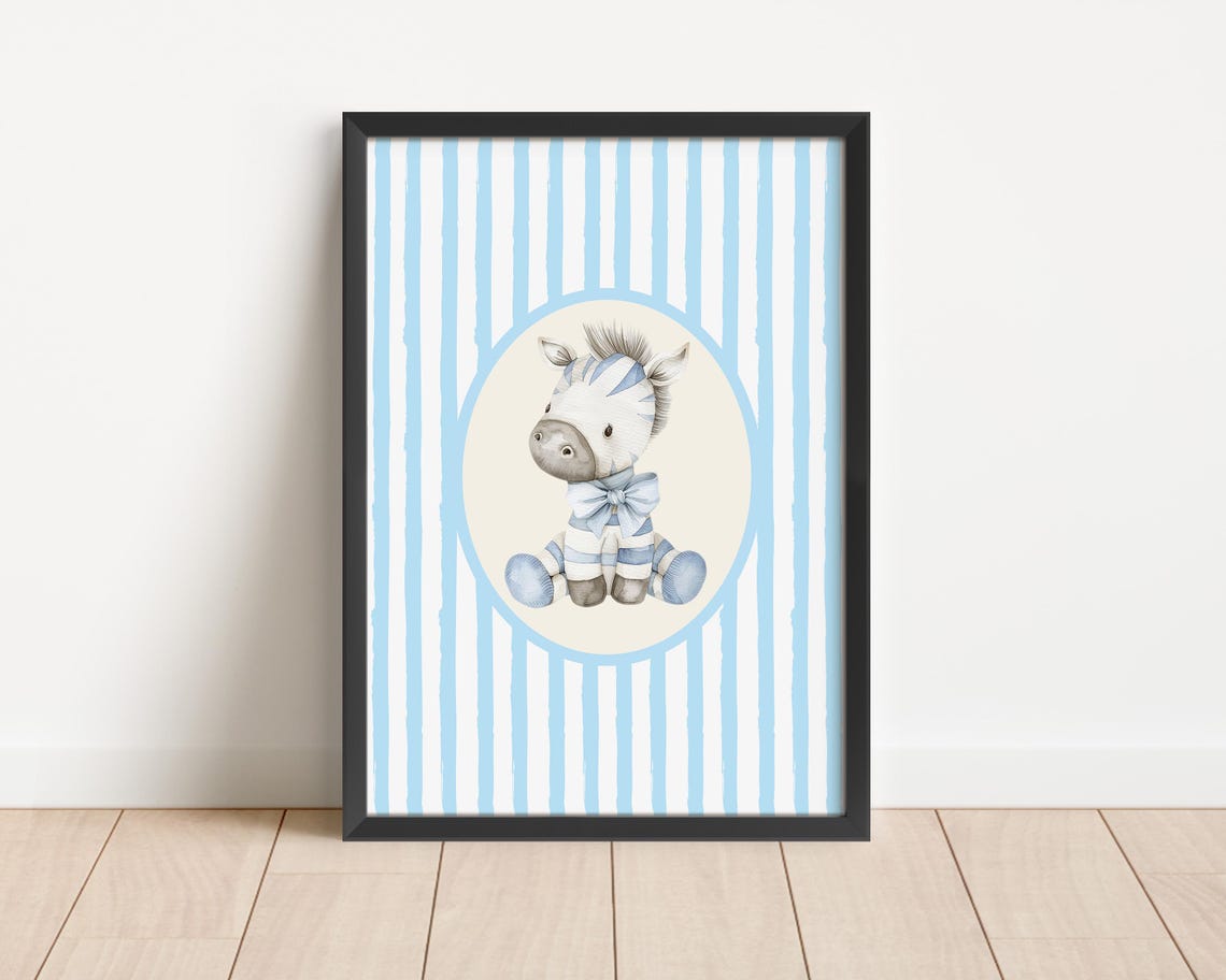 Zebra Foal Watercolor Blue Stripes Cute Baby Nursery Art Poster - Image 2