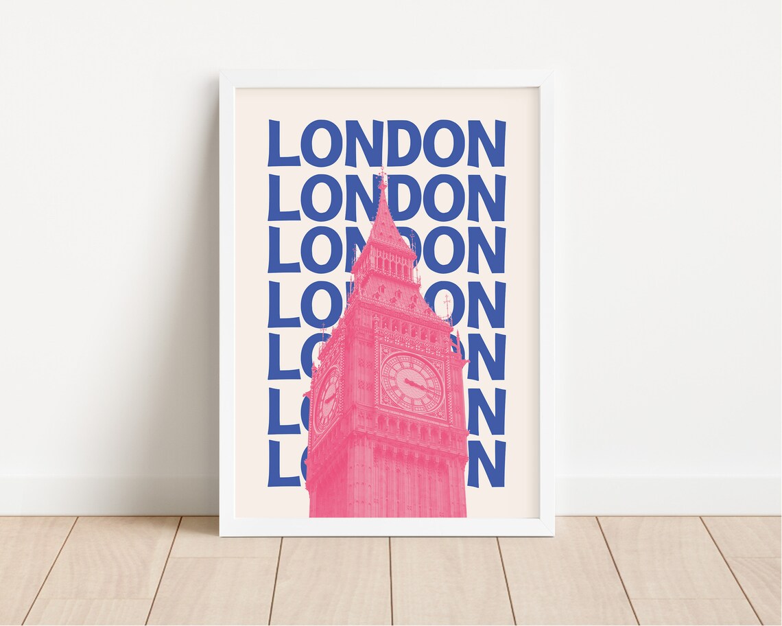 London Retro Blue Pink Big Ben Clock Tower England Travel Poster - Image 2