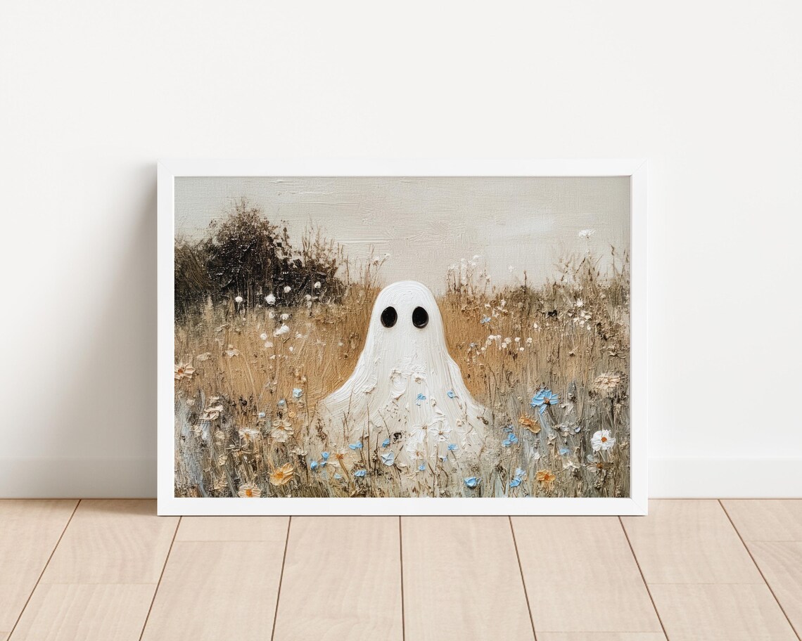 Sweet Ghost In Wildflower Meadow Textured Oil Painting Poster - Image 4
