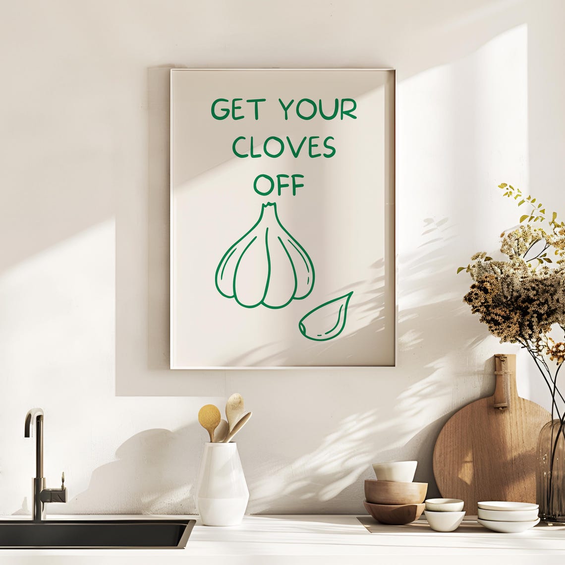 Get Your Cloves Off Hand Drawn Green Garlic Pun Kitchen Poster