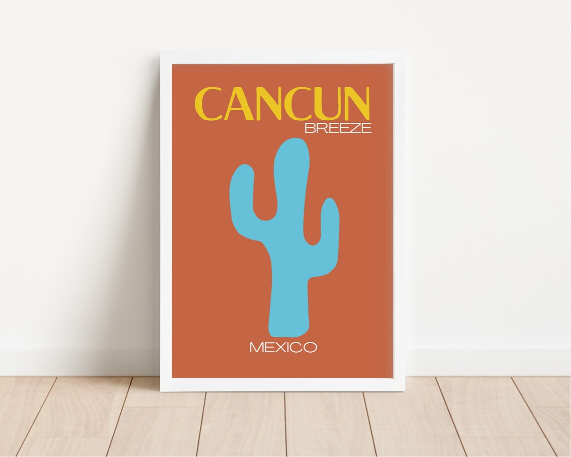 Sunny Cancun Breeze Retro Orange Blue Cactus Mexico Travel Poster - Image 2