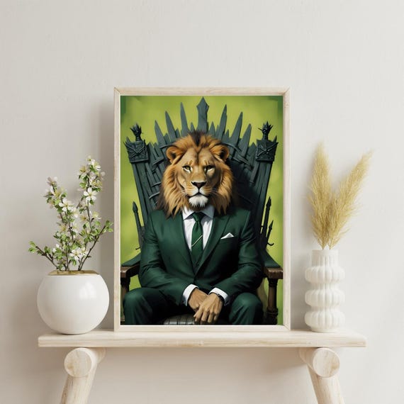 Majestic Lion in Green Suit, Modern Art Print