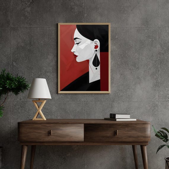 Red Abstract Modern Woman Profile Art Geometric Red Black Minimalist Wall Decor Art For Instant Wall Art