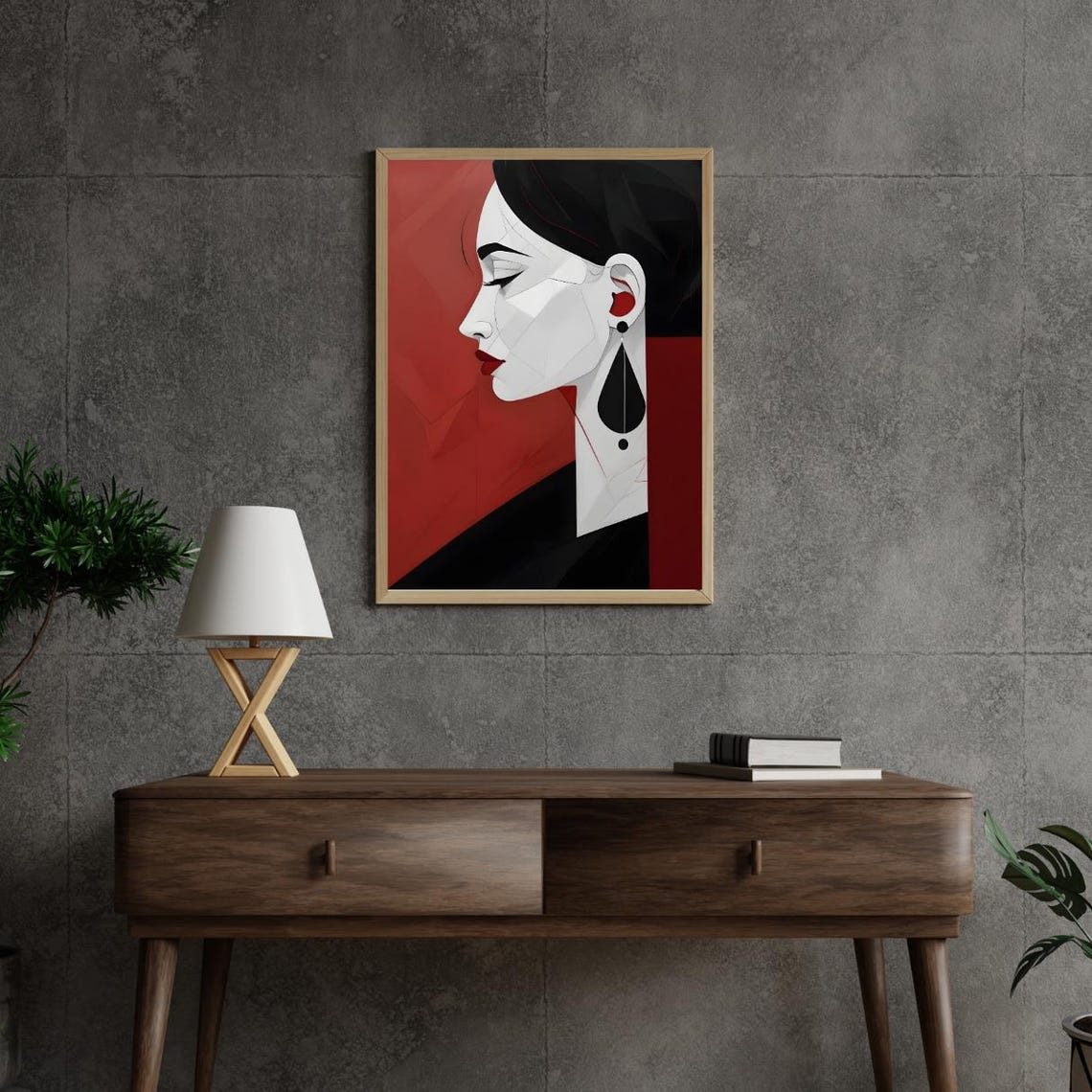 Red Abstract Modern Woman Profile Art Geometric Red Black Minimalist Wall Decor Art For Instant Wall Art