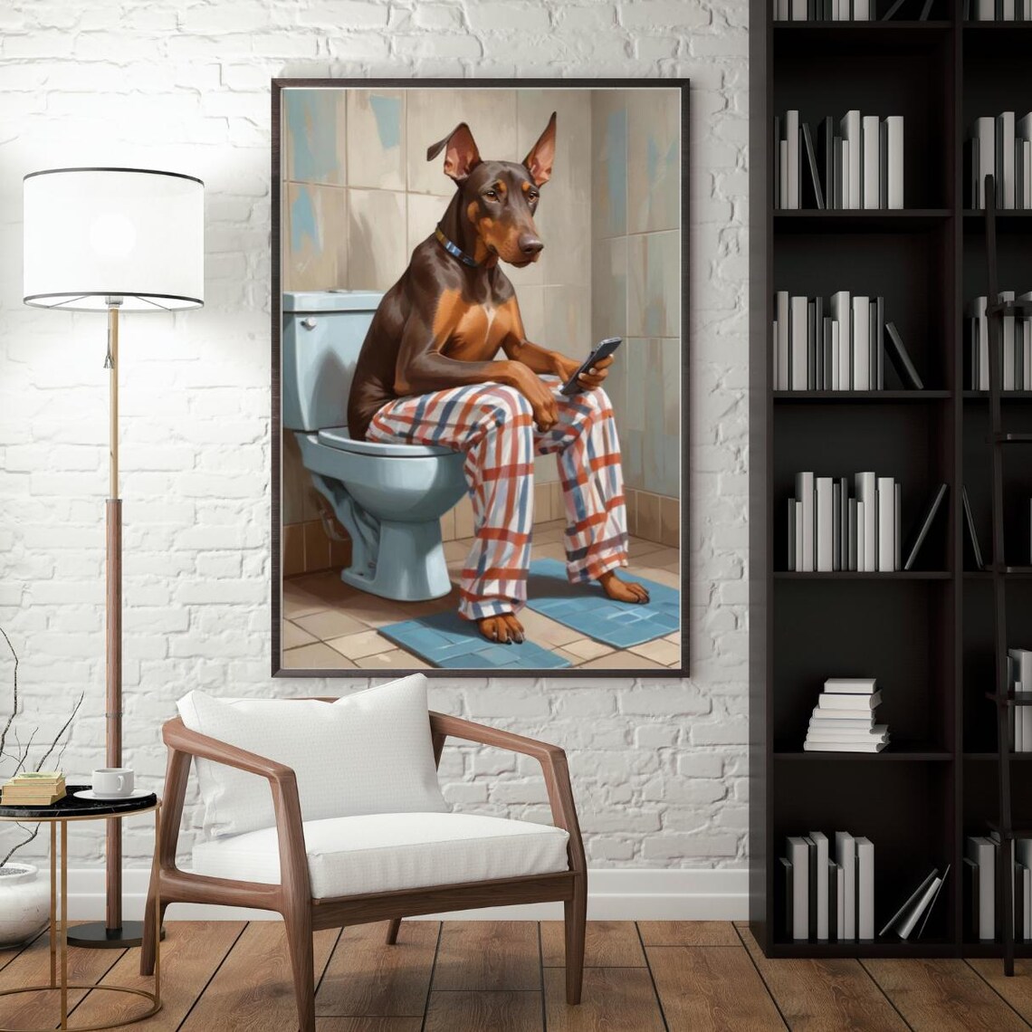 Dog On Toilet In Striped Pajamas, Bathroom Humor - Image 3