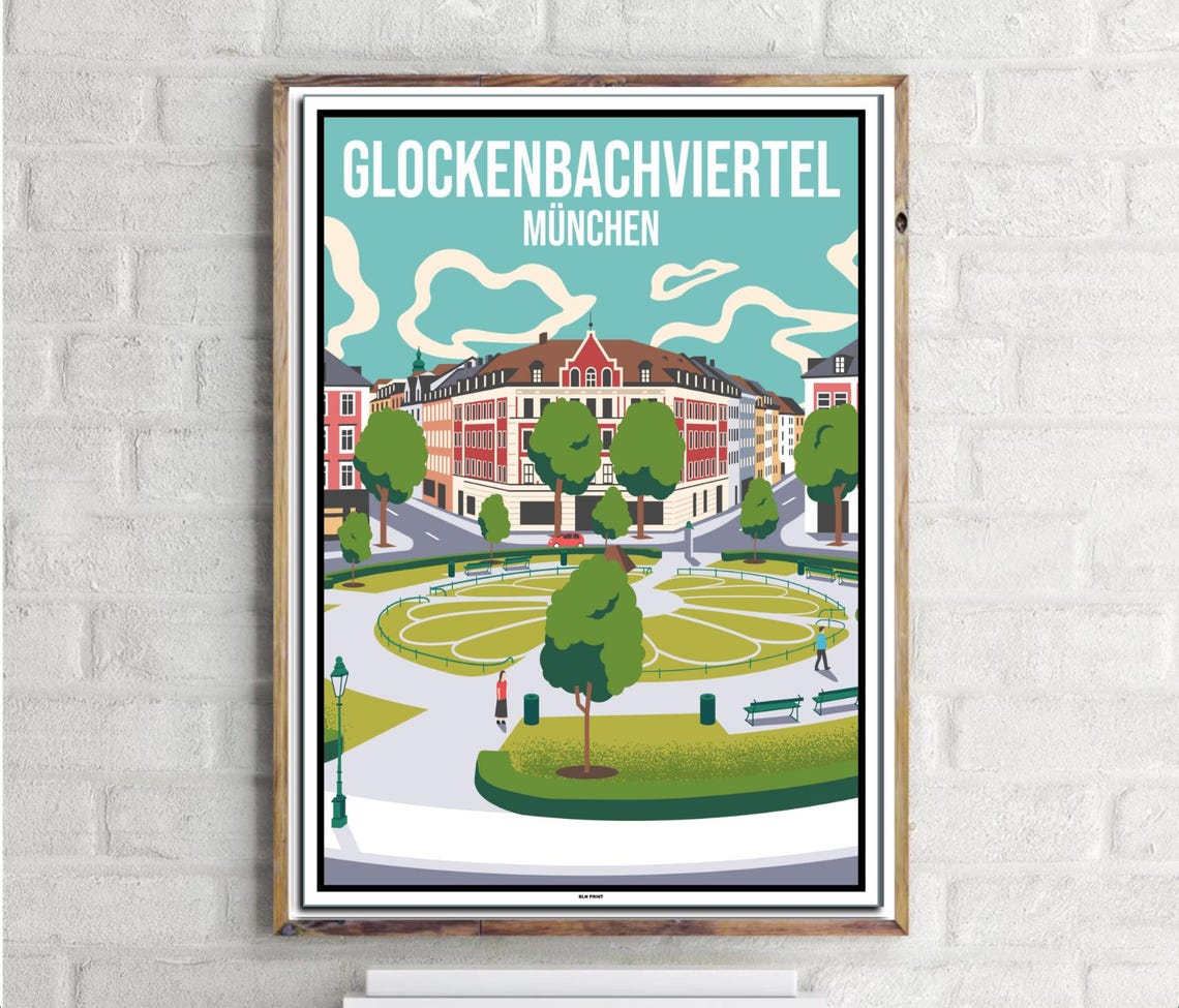 Glockenbachviertel Munich Retro Square Illustration Travel Poster