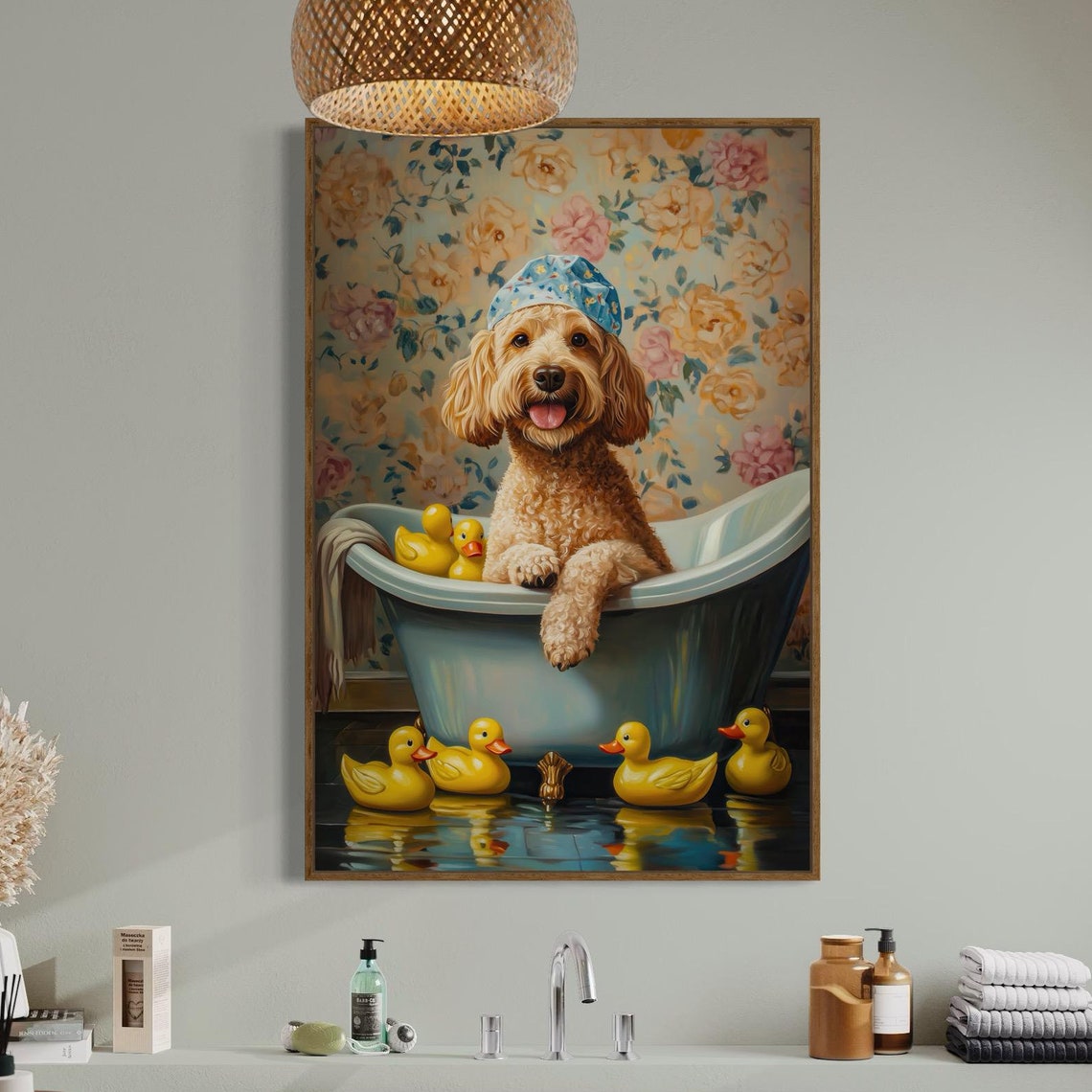 Cute Curly Dog Bathtub Rubber Ducks Funny Whimsical Bathroom Poster - Image 4