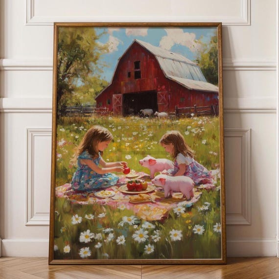 Farm Picnic Art Print Vintage Farmhouse Nursery Rural Pastoral Whimsical Kids Girl