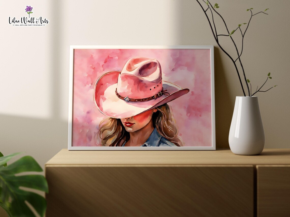 Pink Cowgirl Watercolor Portrait Western Boho Hat Girl Poster - Image 2