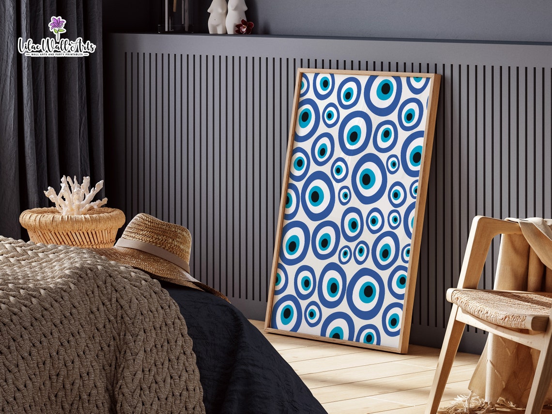 Evil Eye Pattern Repeating Blue Nazar Eyes Cream Background Poster - Image 6