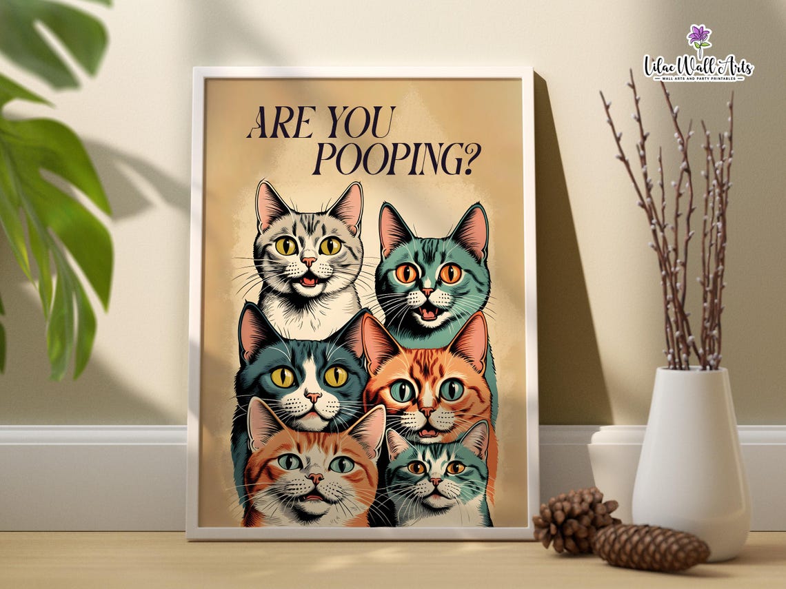 Are You Pooping Six Cats Funny Pop Art Bathroom Wall Decor Poster