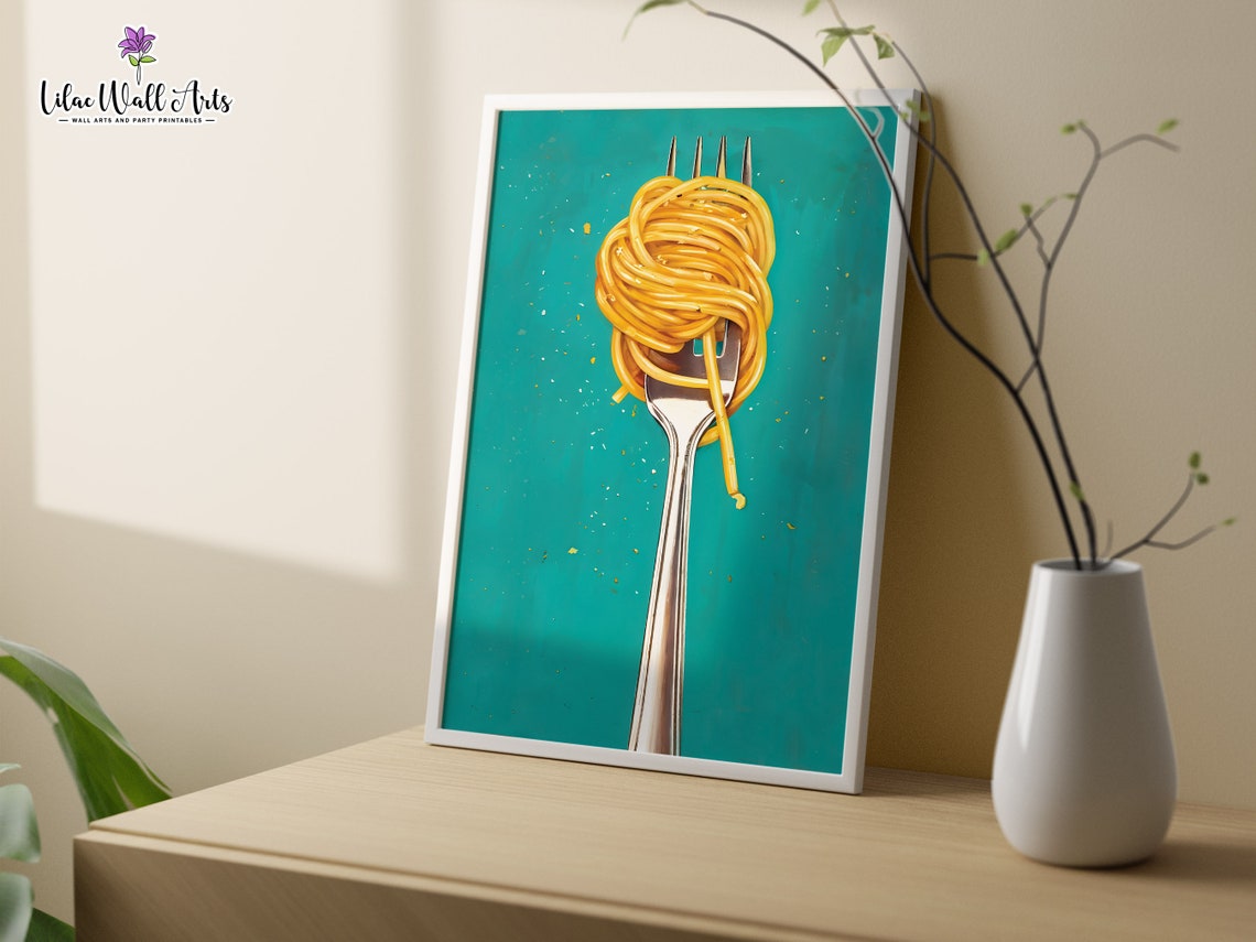 Spaghetti Fork Twirl Pop Art Teal Background Kitchen Food Poster - Image 8
