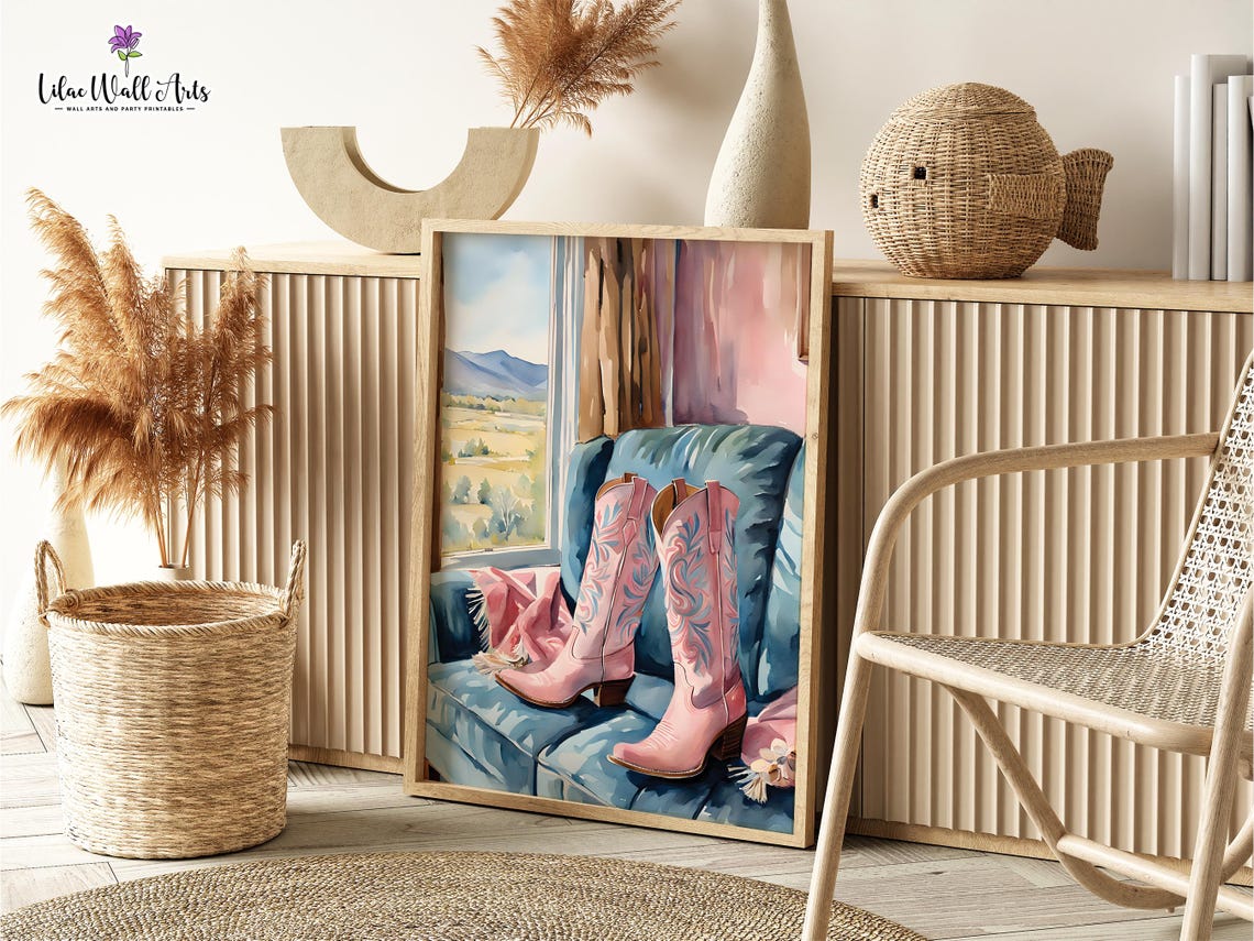 Pink Cowgirl Boots Watercolor Painting Barbiecore Western Decor Poster - Image 2
