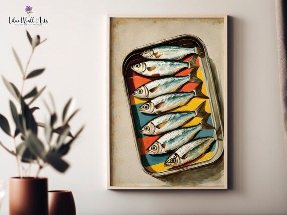 Sardine Tin Print Fish Wall Art Colorful Fish Print Retro Kitchen Print Fish Lover Gift Bistro Dcor Oyster Poster Sardines Wall Art
