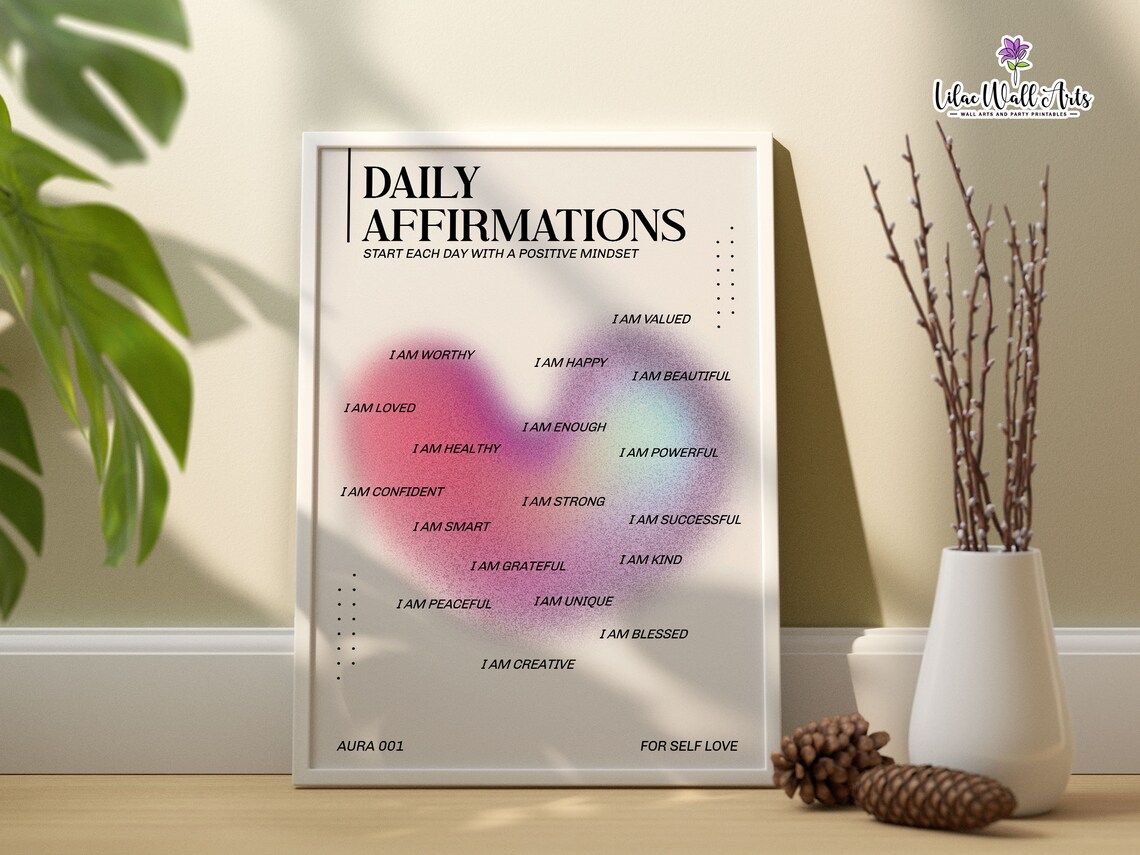 Daily Affirmations Pink Heart Aura I Am Worthy Self Love Quote Poster
