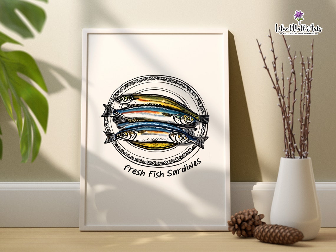 Fresh Fish Sardines Hand Drawn Kitchen Poster Seafood Plate Decor - Image 3