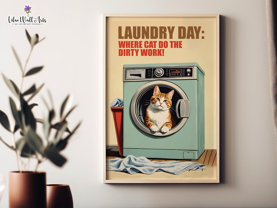 Retro Cat Laundry Room Poster, Funny Utility Room Sign