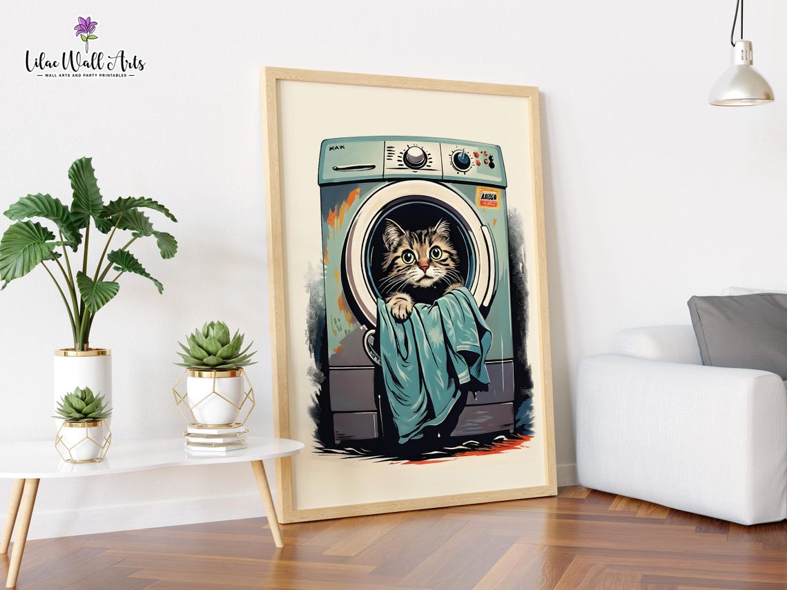 Cat In Retro Washing Machine Pop Art Funny Laundry Room Poster - Image 3