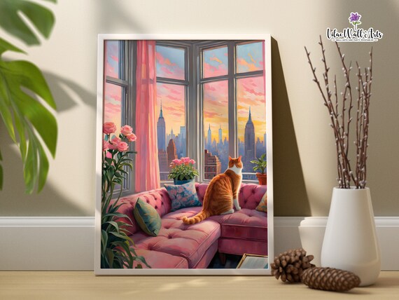 Cat In The Window Print Monet Cat Print Matisse Cat Print Matisse Open Window Blush Pink Art Cat Lover Present Pink Preppy Wall Art