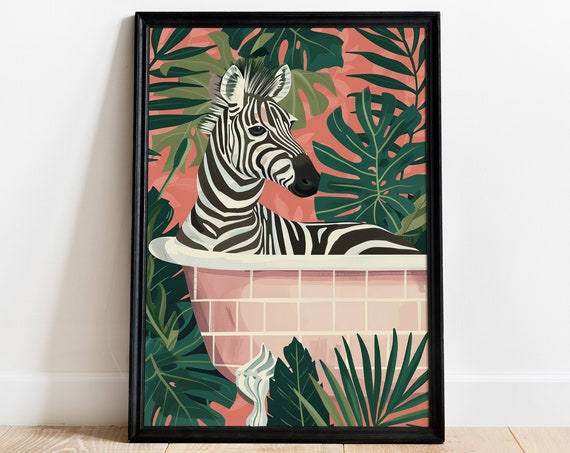 Zebra In Bathtub Tropical Animal Print Maximalist Jungle Artwork Safari Wall Art Botanical Bathroom Painting Safari Bath