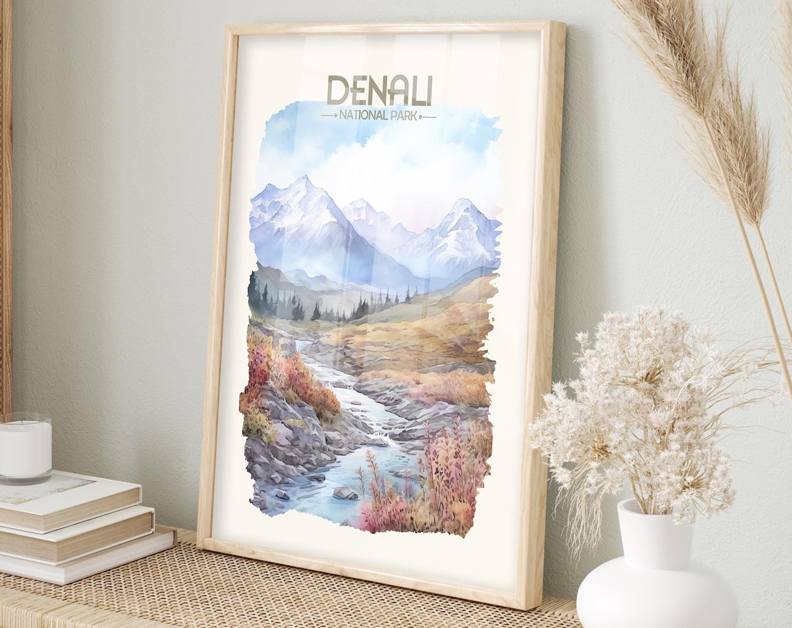 Denali National Park Snowy Mountains Watercolor Travel Poster