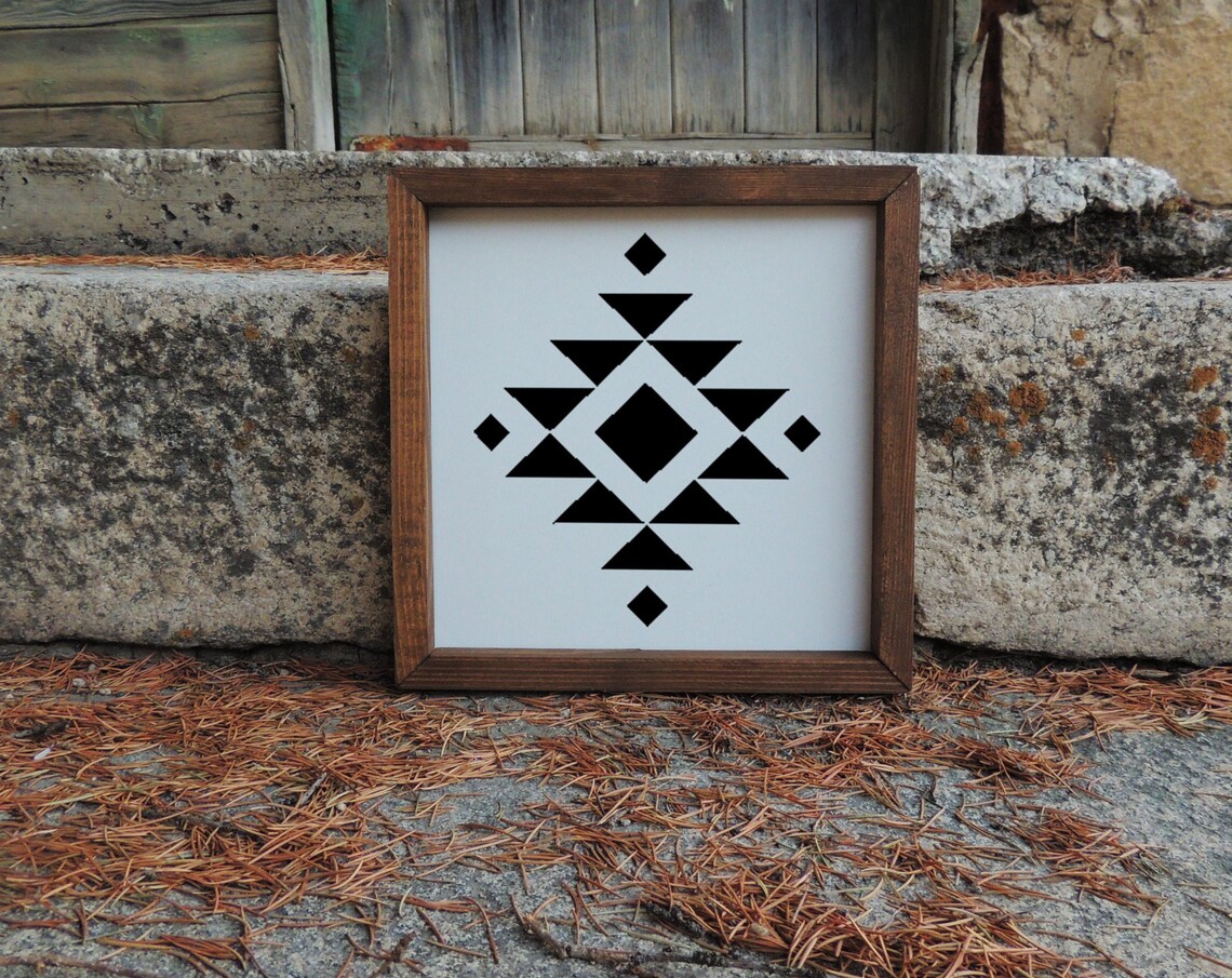 Black Aztec Diamond Geometric Tribal Wood Frame Sign Art Poster
