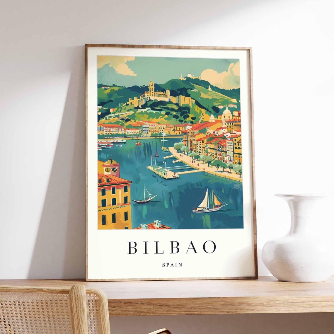Bilbao Spain Vintage Travel Art Retro Sailboat Harbor View Print