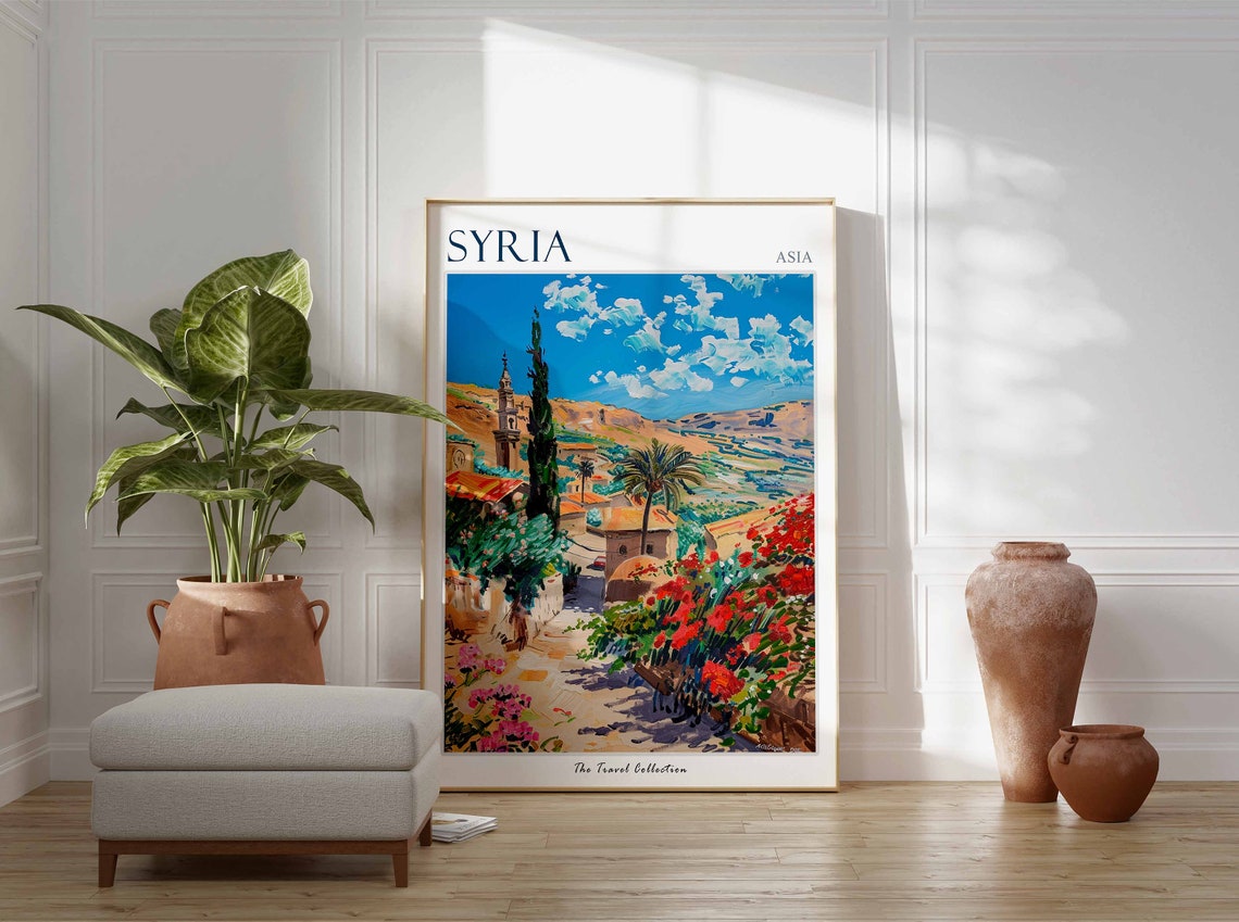 Syria Asia Old Stone Village Lane Cypress Red Blossom Poster - Image 2