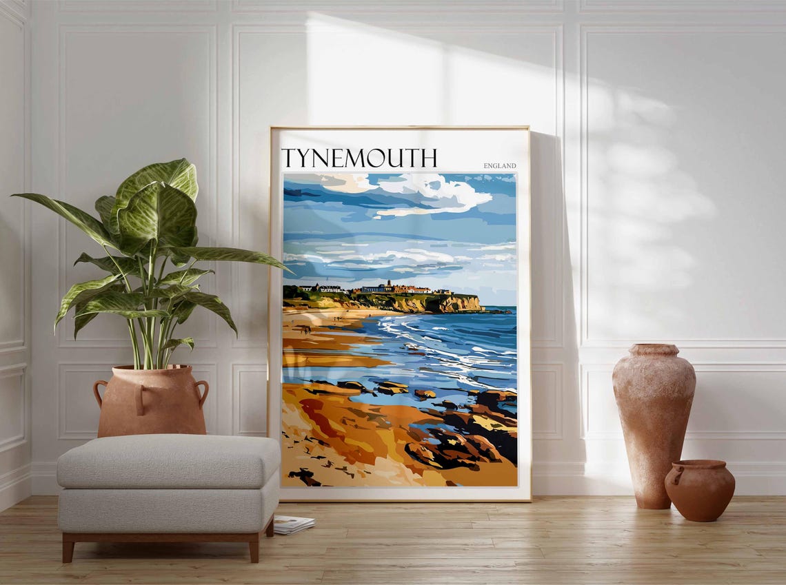 Tynemouth Rocky Shore Town Cliffs Flat Style View Art Poster - Image 2