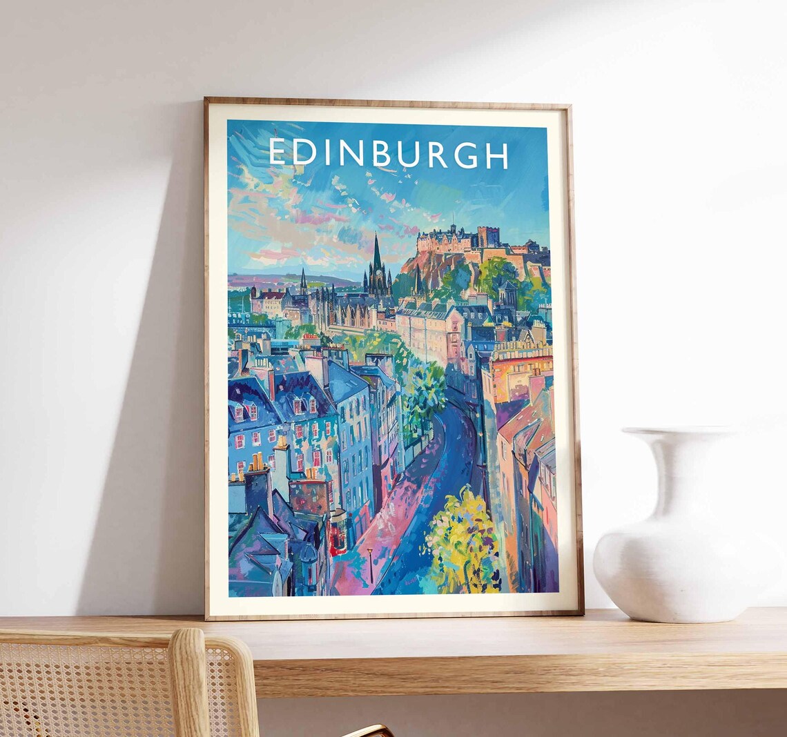 Edinburgh Scotland Castle Street View Travel Illustration Poster